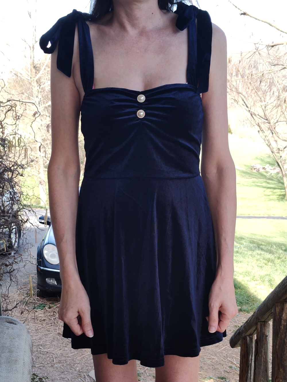 Velvet Tie-Shoulder Mini Dress in Deep Navy With Pearl Look Buttons